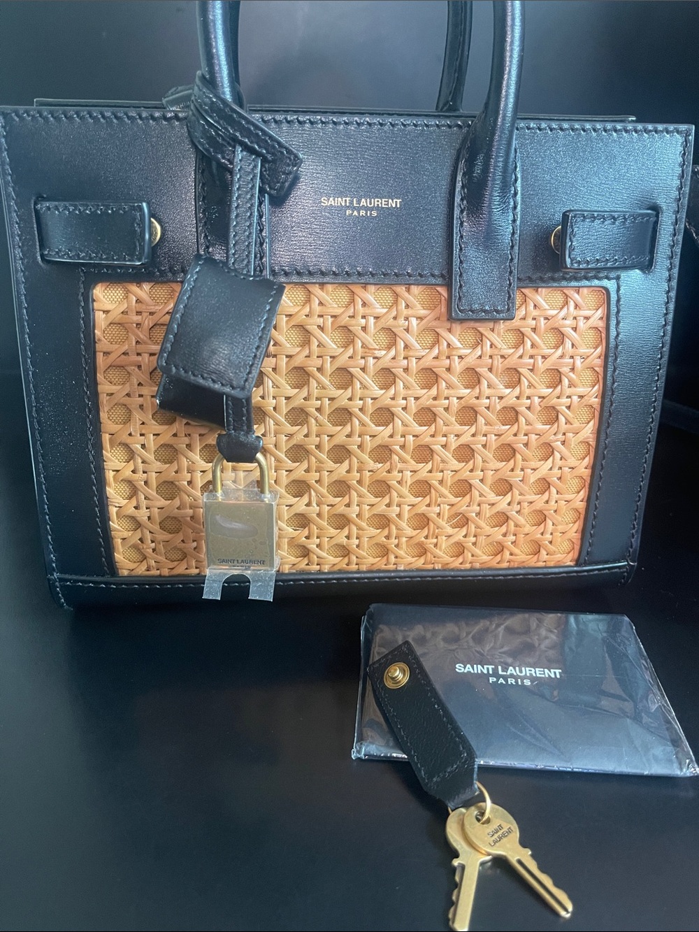 Saint Laurent Black Leather and Natural Rattan Classic Sac De Jour Nano Tote - Picture 6 of 16